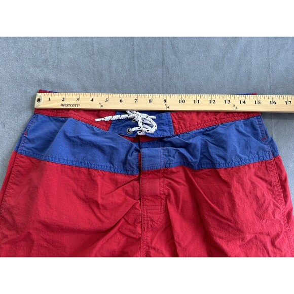 90s TOMMY HILFIGER Mens Medium Mesh Lined Red Blue Swim Trunks Shorts Colorblock - Picture 9 of 14